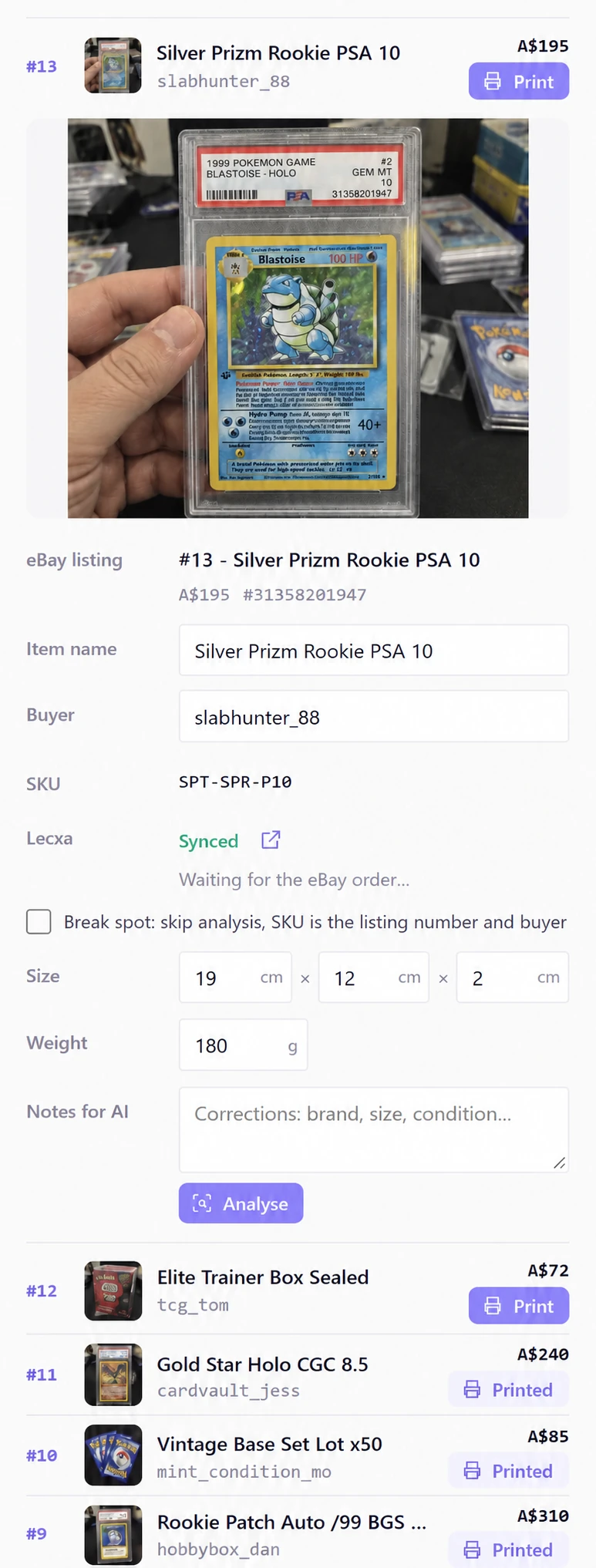 Sold item synced to Lecxa with its eBay listing, SKU, size and weight